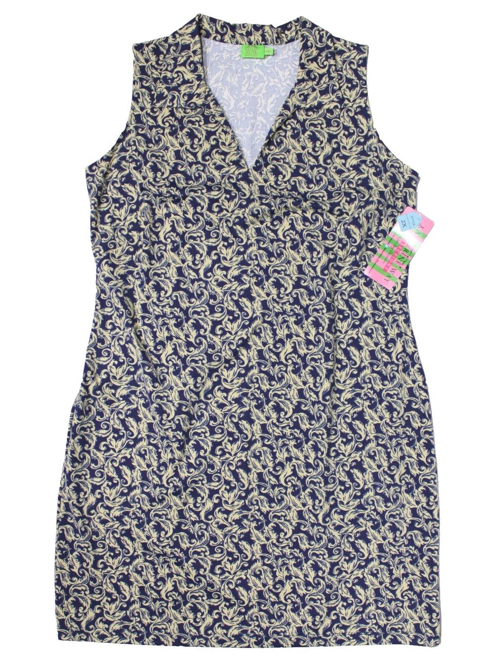 NWT Katherine Way Navy Blue Gold Floral Dress UPF 50+ Stretch Made USA Women 2XL